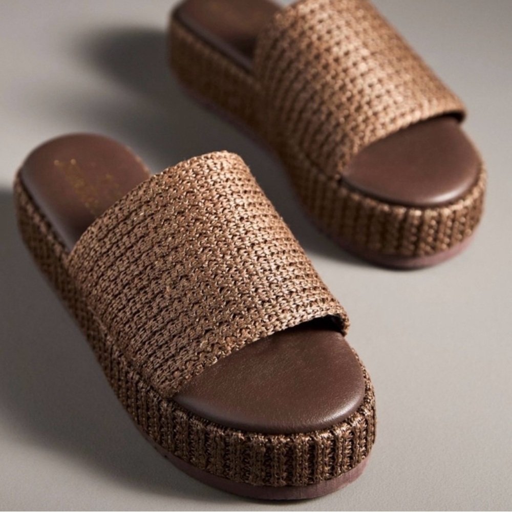 NIB Matisse for Anthropologie Montego Brown Jute Platform Slides Size 8